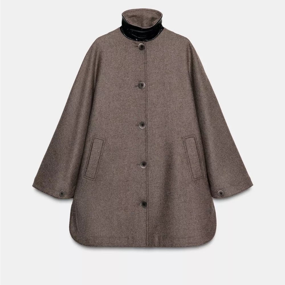 Zara contrast collar wool blend cape coat in dark mink - XS/small